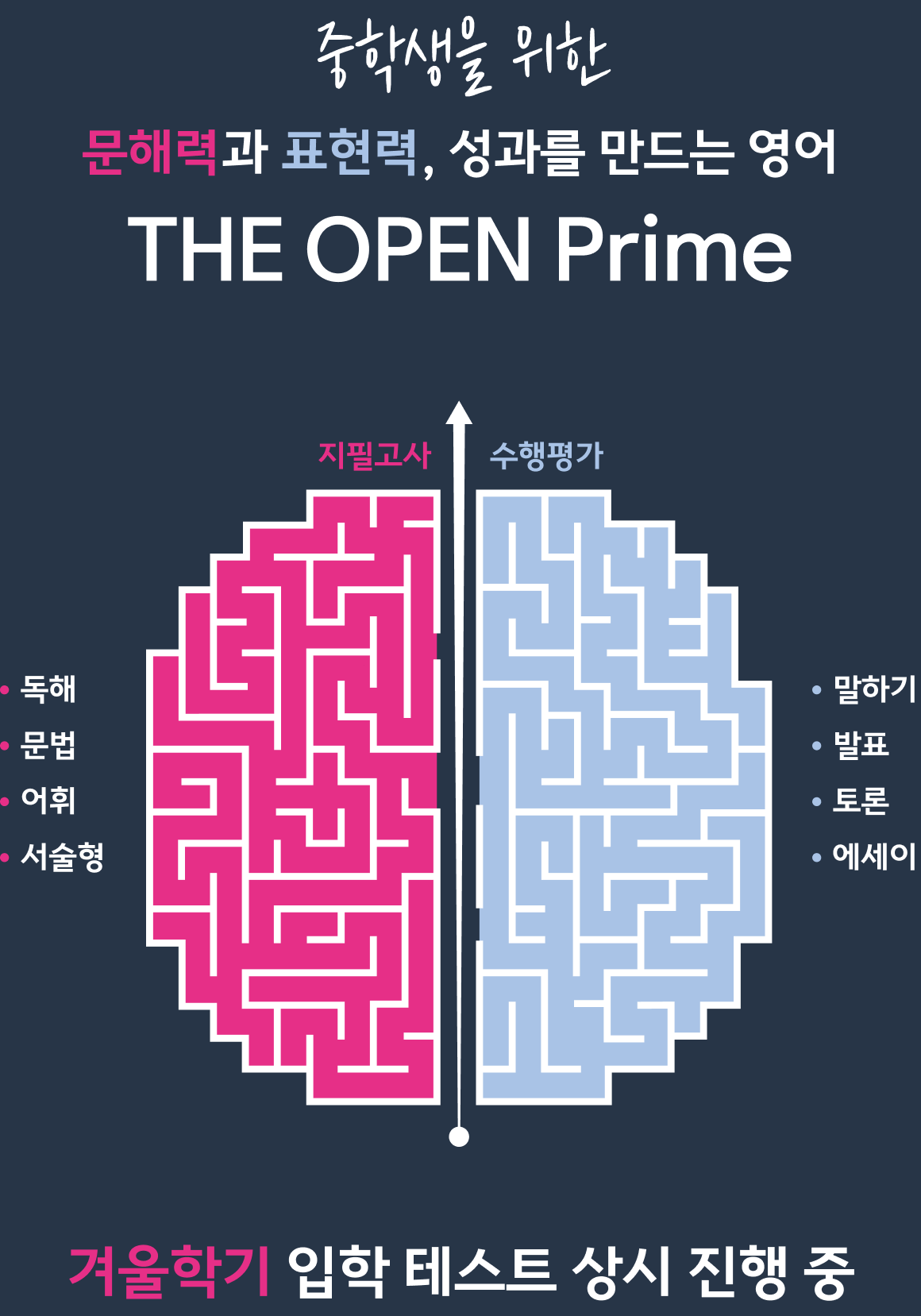 THE OPEN Prime 메인 배너. 중학생을 위한 문해력과 표현력, 성과를 만드는 영어.