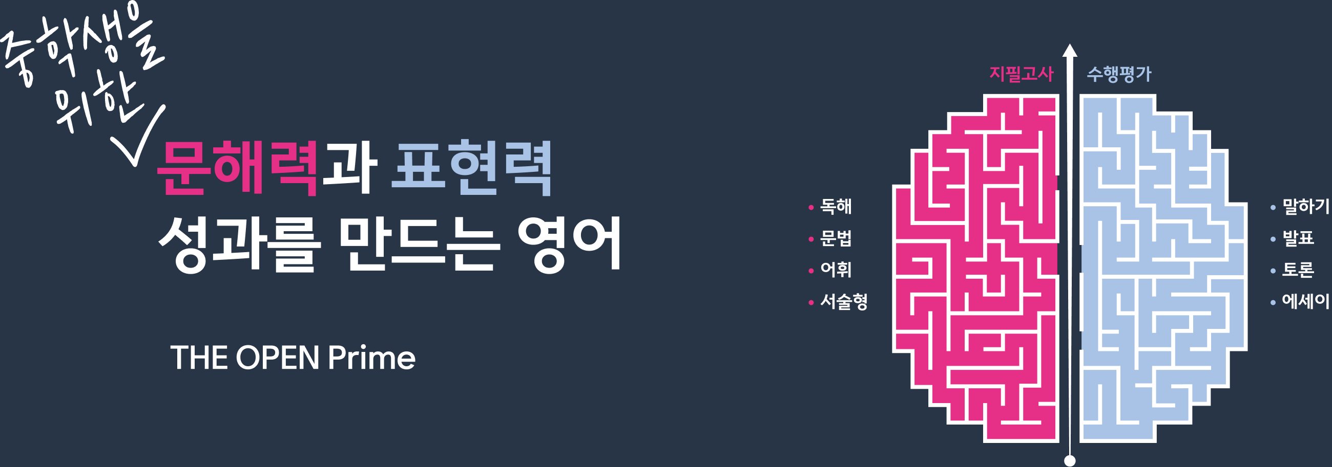 THE OPEN Prime 메인 배너. 중학생을 위한 문해력과 표현력, 성과를 만드는 영어.
